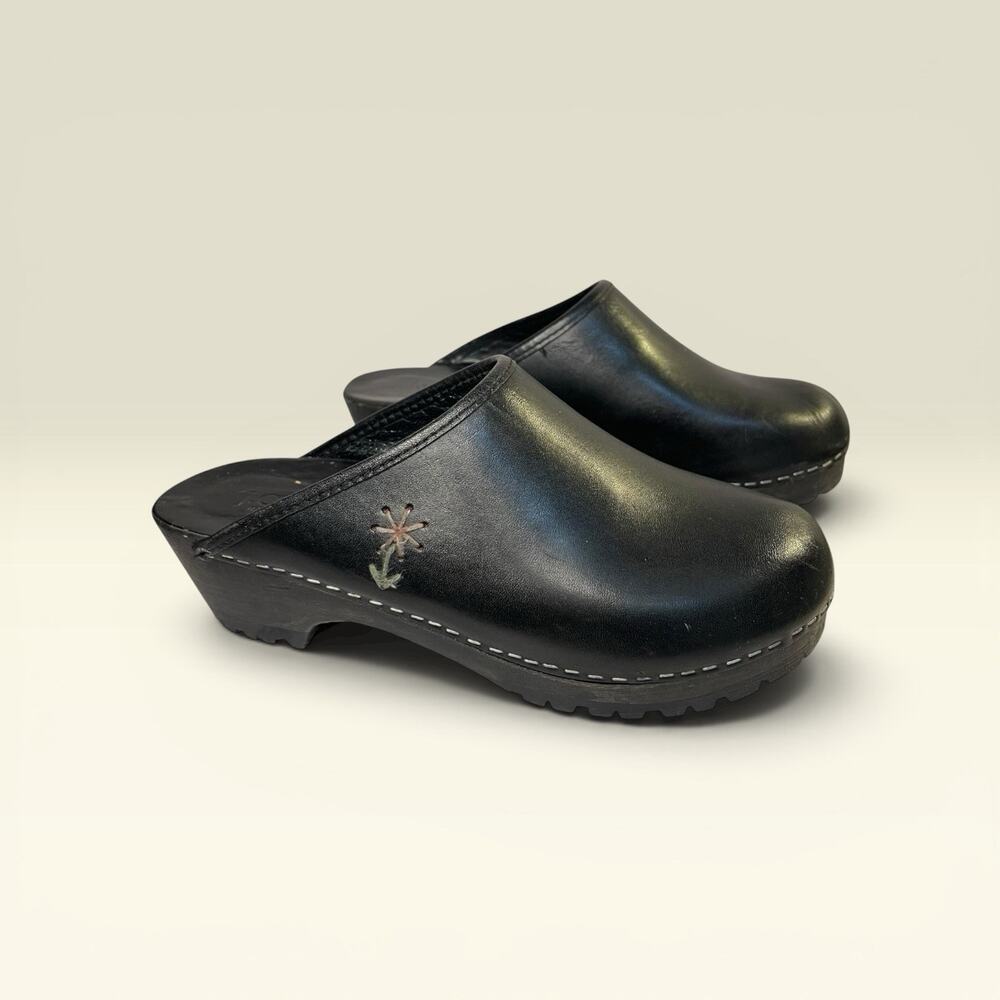 J Crew Leather Wooden Clogs Black Embroidered Flower Made In Italy Womens 8
